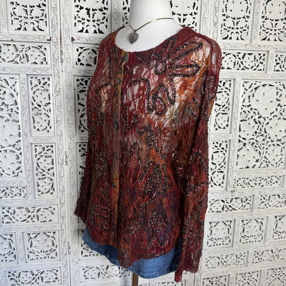 Chicos Burnt Orange Red Mesh Artsy Lace Long Sleeve Button Up Sheer Blouse - Picture 4 of 6
